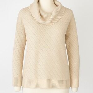 Pointelle‎ Wool Cowl Neck Sweater Size S Tan Cream Cottagecore Preppy Fisherman